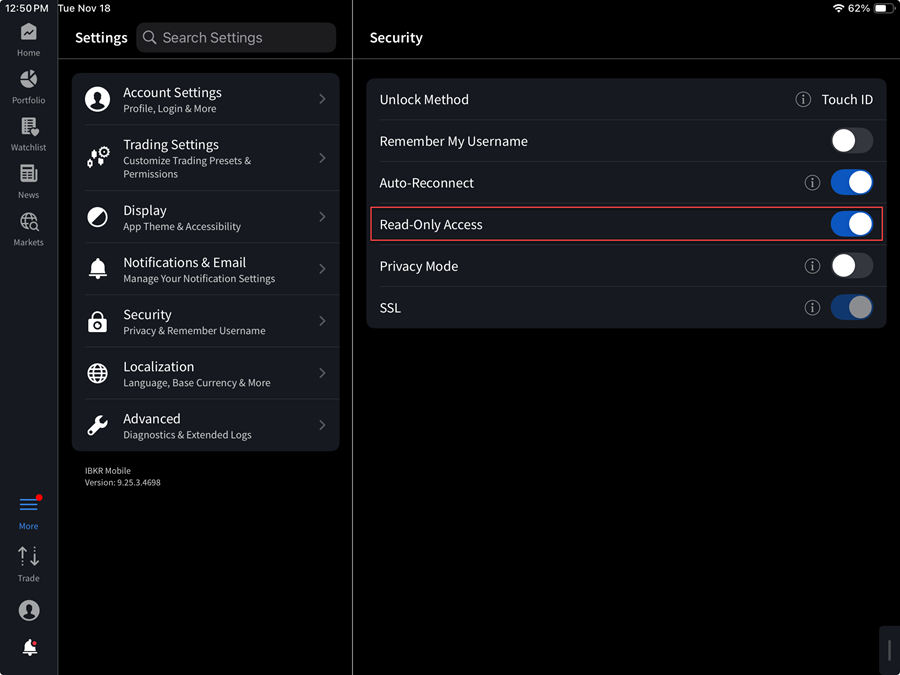 The account menu security on the iPad